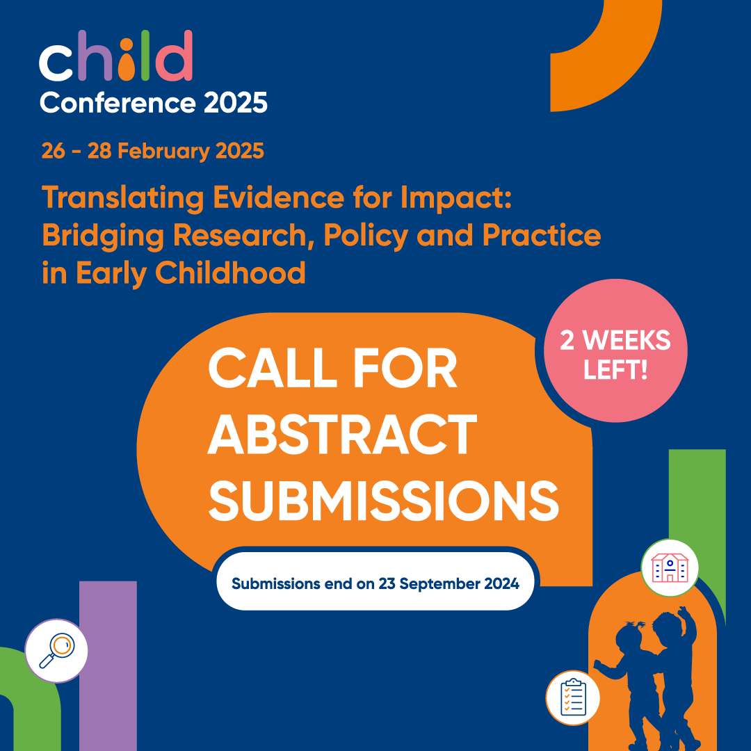 Two more weeks before abstract submissions for #CHILDConference2025 closes on 23 September!

Submit your research now at childconference.com/abstract-submi…

#theCHILDSG #EarlyChildhood #ChildDevelopment #EvidenceBased #CallforAbstracts #CallforPapers