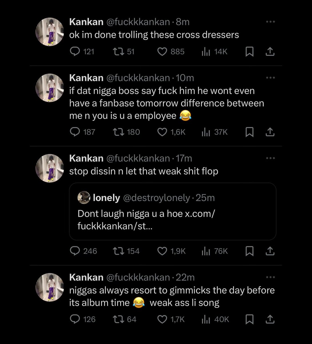 Kurrco's tweet photo. Kankan with more shots @ Destroy Lonely 😬
"stop dissin n let that weak shit flop"
"difference between me n you is u a employee"