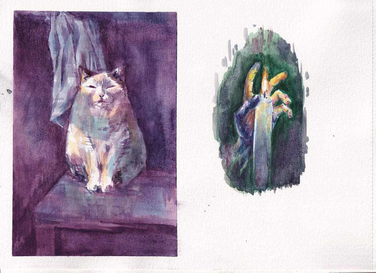 More studies drawing and painting directly with the brush without pencils. The cat, i used a flat brush and the hand, i used a round brush. 
Both were done on a sheet of #Canson XL A4 with #SakuraKoi #watercolour.