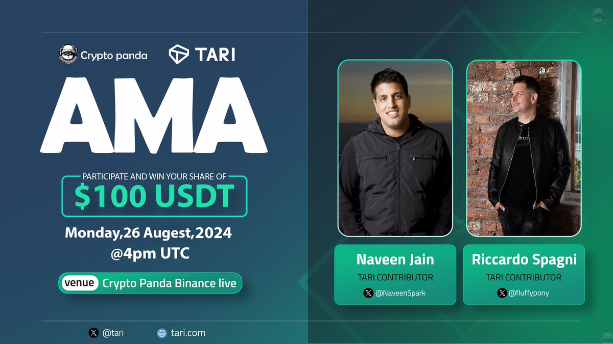 🎙️ Join us for another Binance Live AMA with <a href="/tari/">Tari</a>

🕰️  Date:- 26 th August 2024, at 
4 PM UTC 

🎙️Guest: 
>Naveen Jain - [Tari Contributor] 
<a href="/NaveenSpark/">Naveen 🦅 (🖖🏾,🖖🏾)</a>
>Riccardo Spagni - [Tari Contributor]
<a href="/fluffypony/">Riccardo Spagni</a>

🏠  Venue:- binance.com/en/live/u/2355…

📌 Set Reminder :-