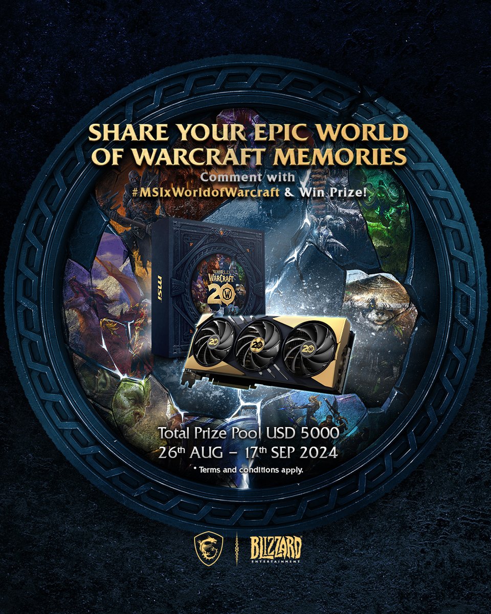 msigaming's tweet image. ⚔️Share Your Epic World of Warcraft Memories⚔️
Join MSI and @warcraft for the grand celebration!
We're giving away amazing prizes, and the more people who participate, the bigger the rewards become!😉

✅COMMENT with #MSIxWorldofWarcraft to join!

#RTX40 #worldofwarcraft