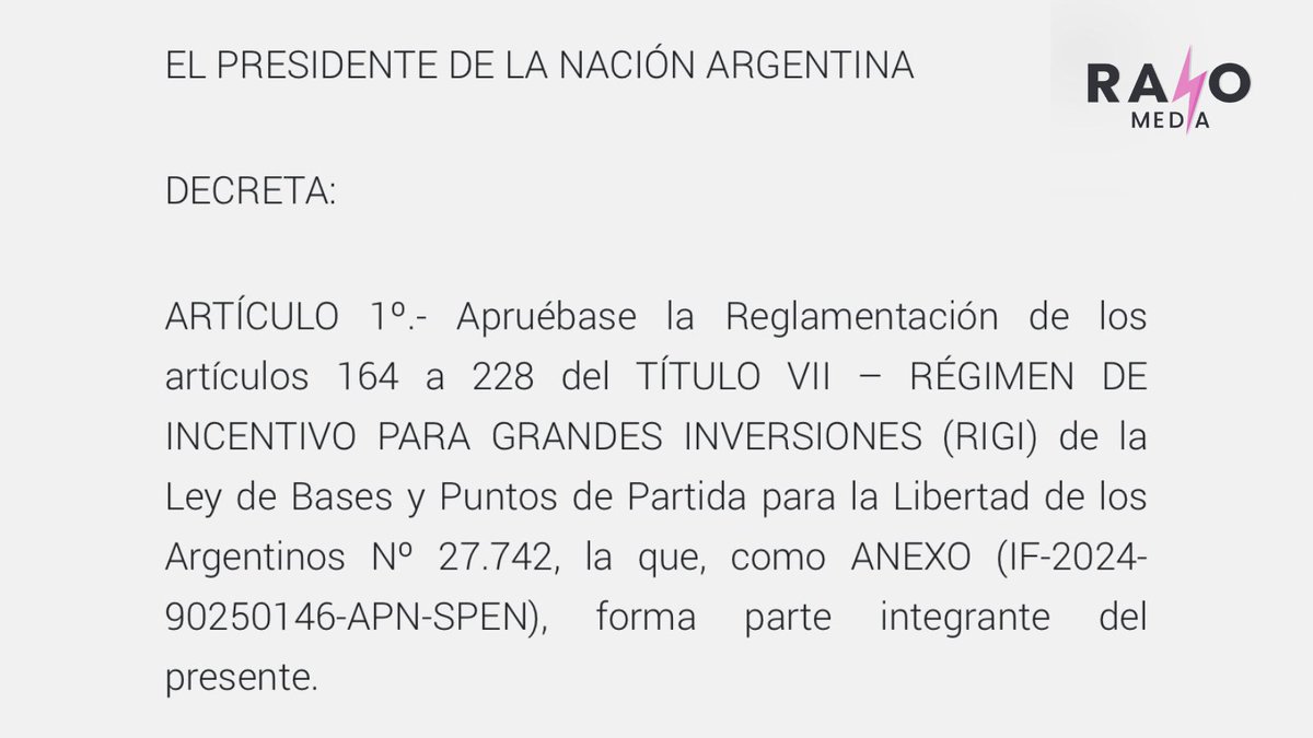rayomediacom's tweet photo. 🔴 [AHORA] SE REGLAMENTÓ EL RIGI

El Régimen de Incentivo a las Grandes Inversiones fue reglamentado en el Boletín Oficial y entra en vigencia a partir de hoy. https://t.co/ARWsNHnGNm