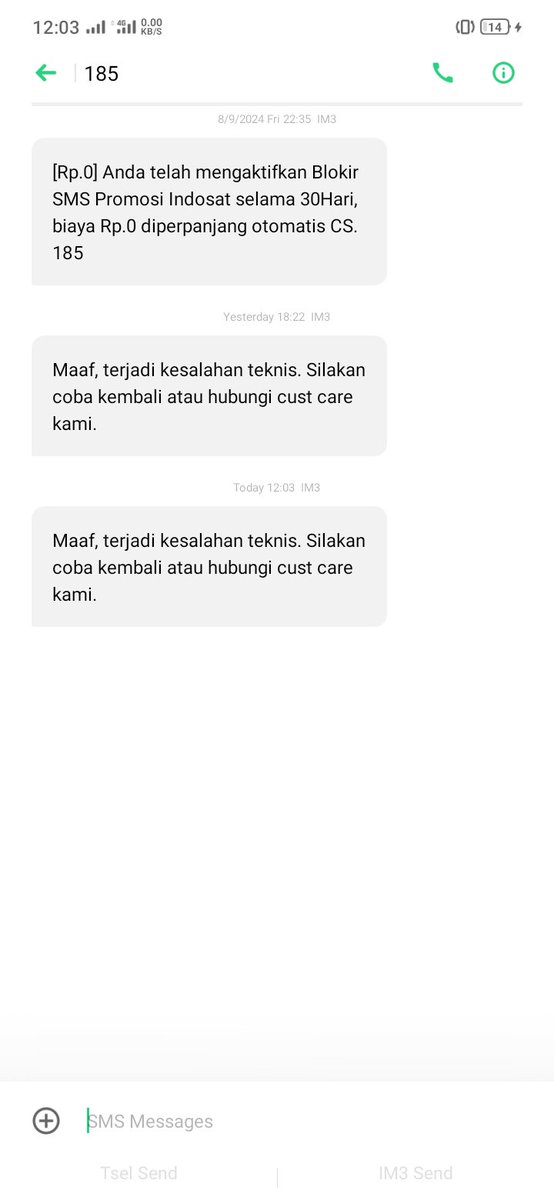 g_rachmat's tweet photo. @indosatim3 awalnya berhasil. tapi selang 1 bulan muncul kembali, bedanya kali ini selalu gagal. apakah   ada cara lain untuk mematikan pesan pop-up promosi ?? https://t.co/3t8cCYBUjs