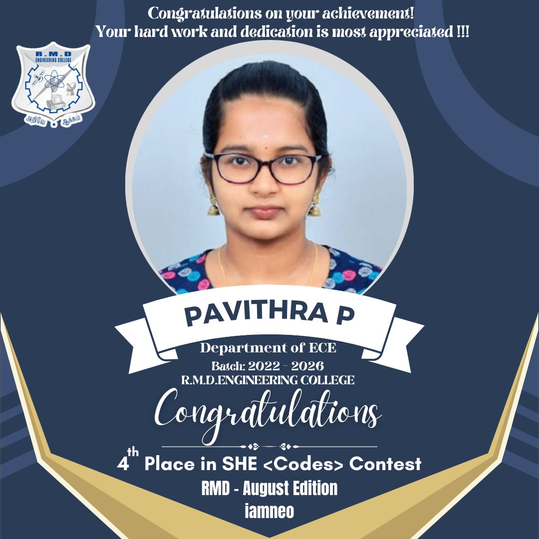 rmd_ece's tweet photo. Keep up your good work PAVITHRA P !!!! We wish you to reach more heights!! https://t.co/G05a4IweVk