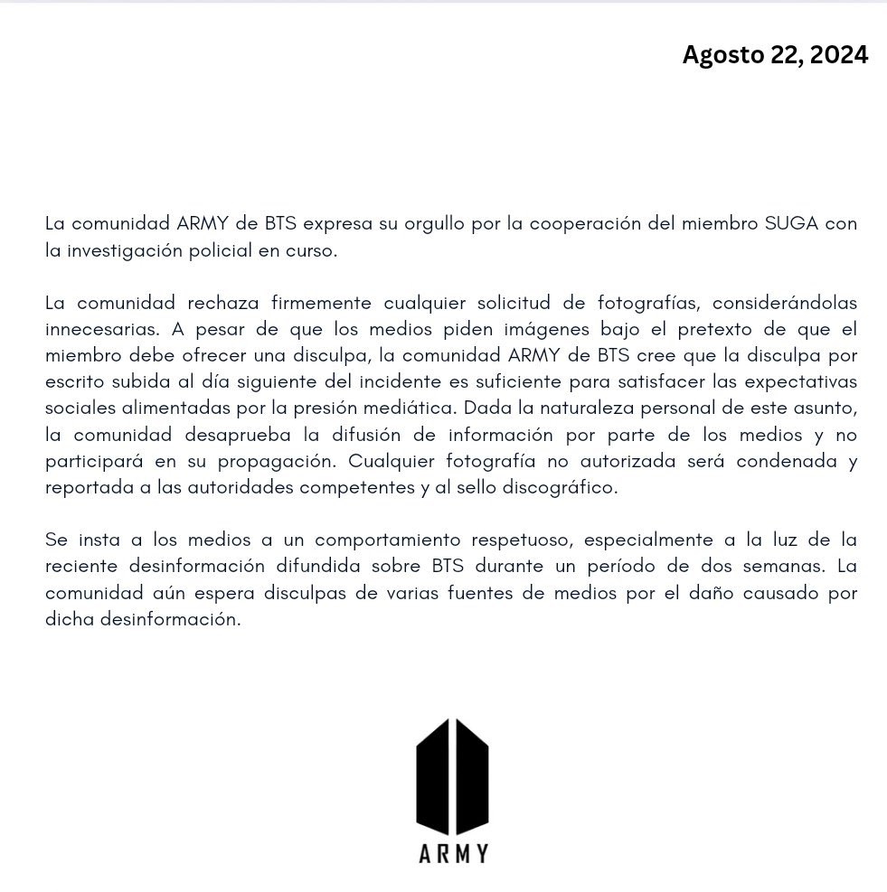goeskthh's tweet photo. Difundamos este comunicado, seamos inteligentes con nuestras acciones, aquí NO hay espacio para el amarillismo, demos luz a la verdad, continuemos apoyando y siempre estemos atentos a noticias OFICIALES. 💜 

#ARMYLockdown 
#ARMYMediaBlackout 
#ARMYShieldsBTS https://t.co/0rb25BgRoa