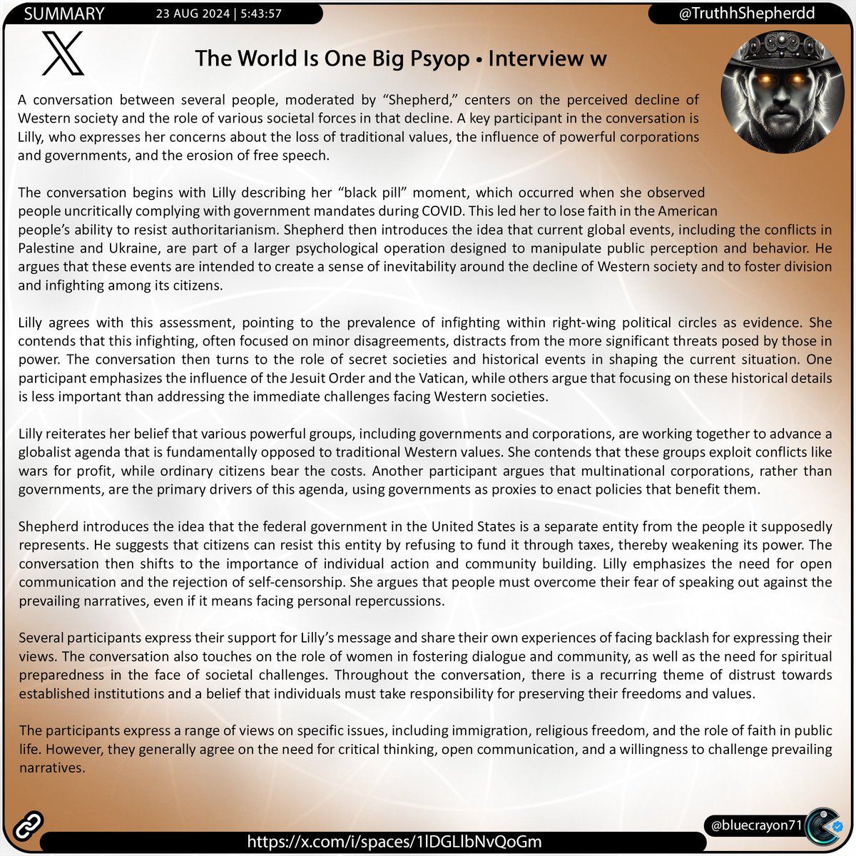 bluecrayon71's tweet photo. The World Is One Big Psyop • Interview w @TruthhShepherdd
🔗 https://t.co/t5kWsWyQzQ
#WesternDecline #Psyop #GlobalistAgenda #IndividualAction #CommunityBuilding #FreeSpeech #Christianity #Islam #TraditionalValues #SecretSocieties #DivideAndConquer #DoNotComply https://t.co/4GZGT5sEMf