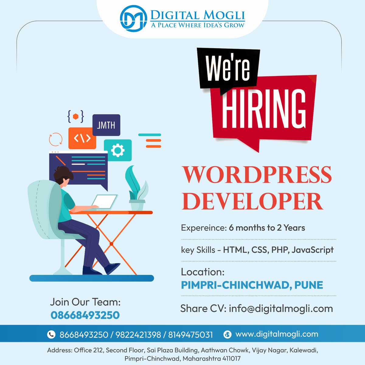 DigitalMogli's tweet image. Join our dynamic team in Pimpri Chinchwad! Passionate about exceptional websites and proficient in HTML, CSS, PHP, and JavaScript? Submit your resume and portfolio now!"
Send us your CV at : info@digitalmogli.com
digitalmogli.com
#WordPressDeveloper #WebDeveloperWanted