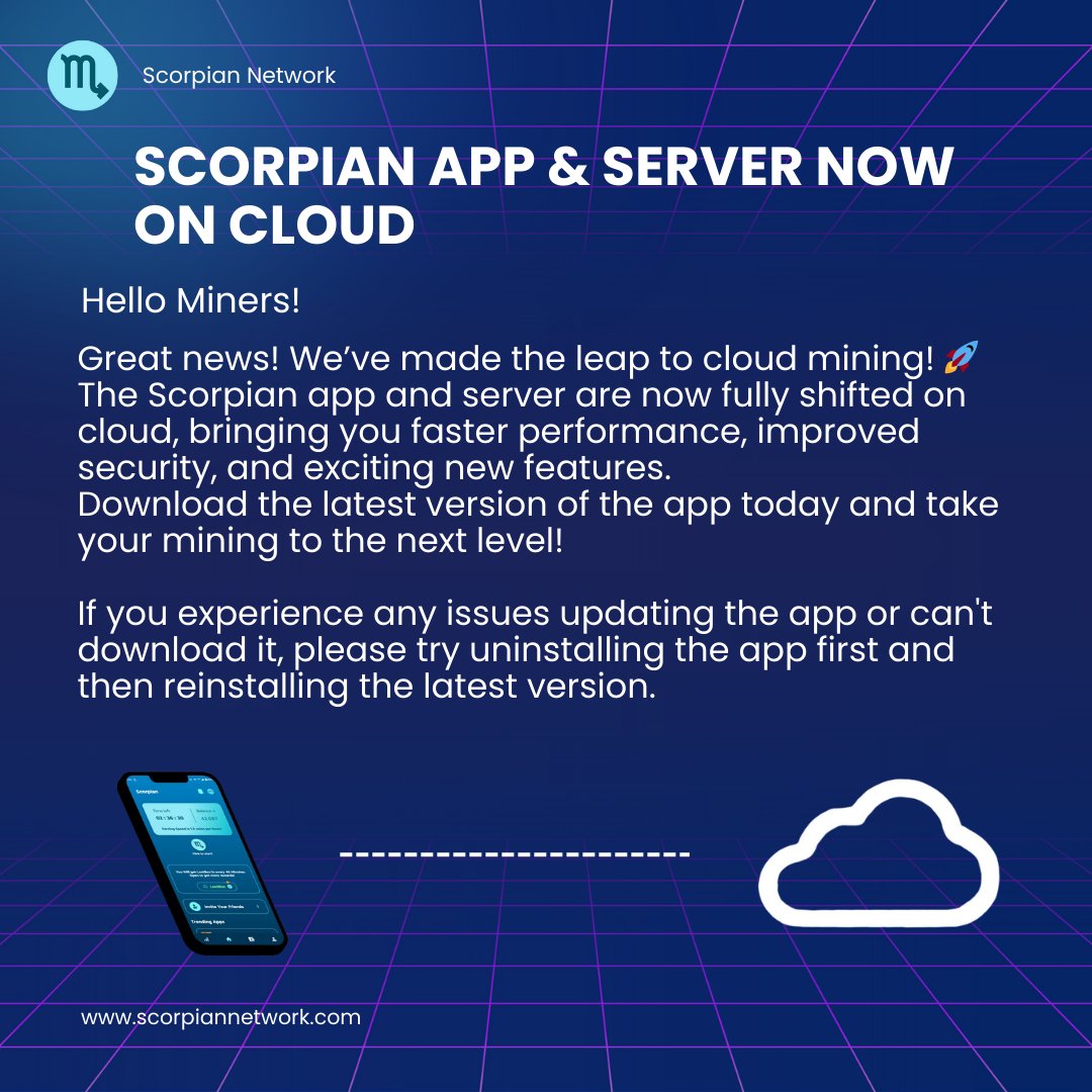 Scorpian Network (@scorpiannetwork) on Twitter photo Thank you for your patience! We're fixing the Google Play Store issues, and the app will be back soon.πͺ
π Weβve moved to cloud mining! π now offers faster performance, better security, and new features.
If you can't update, uninstall app & reinstall it.
scorpiannetwork.com/apps/Scorpian-β¦ Thank you for your patience! We're fixing the Google Play Store issues, and the app will be back soon.πͺ
π Weβve moved to cloud mining! π now offers faster performance, better security, and new features.
If you can't update, uninstall app & reinstall it.
scorpiannetwork.com/apps/Scorpian-β¦