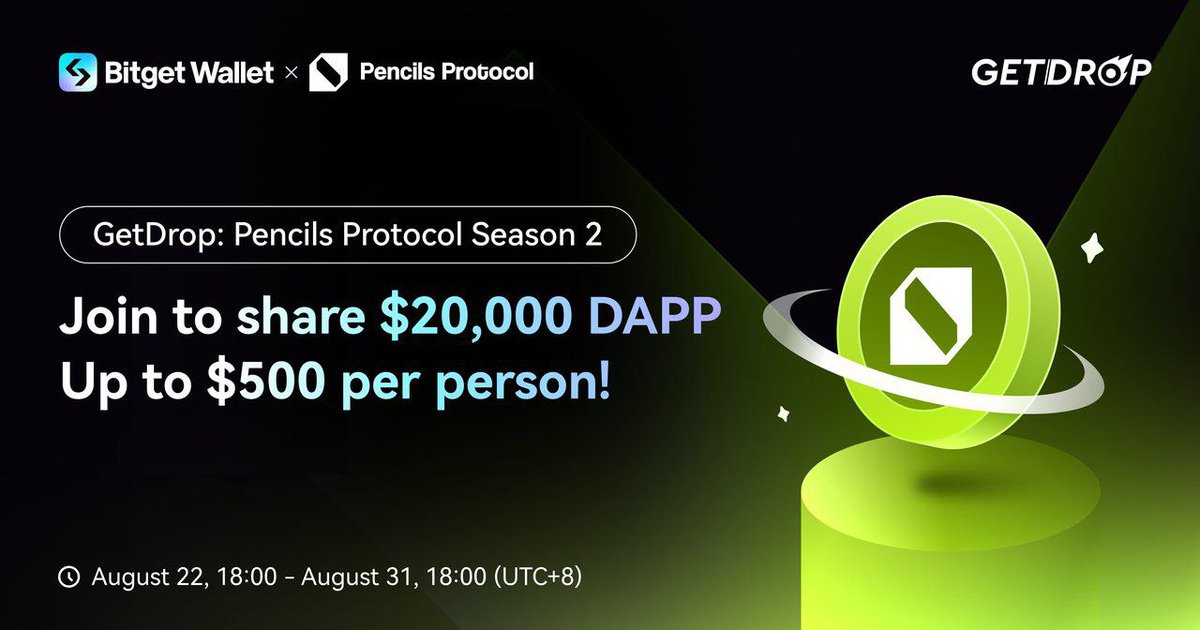 BitgetWalletSA's tweet photo. The #GetDrop event is here! Team up with @pencilsprotocol for a shot at $20,000 DAPP. New users can win up to $500 from a $5,000 bonus!

1️⃣ Download BitgetWallet  
2️⃣ Go to Earning Center > GetDrop  
3️⃣ Complete tasks

📅 Aug 22 - Aug 31 (UTC+8) https://t.co/fVjWwBLKd4