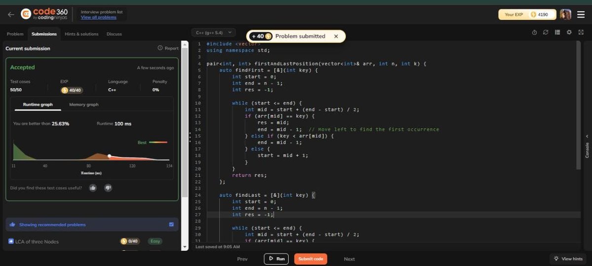 Nisha320289's tweet photo. 🚀 day32 of #100daysofcodingchallenge!✨
✅find the first and last occurrence of a given number in a sorted array.
✅Count occurrences of a number in a sorted array ✨ 
#codingninja
#leetcode
#programming
#codingjourney https://t.co/NjJ8QwZfBA