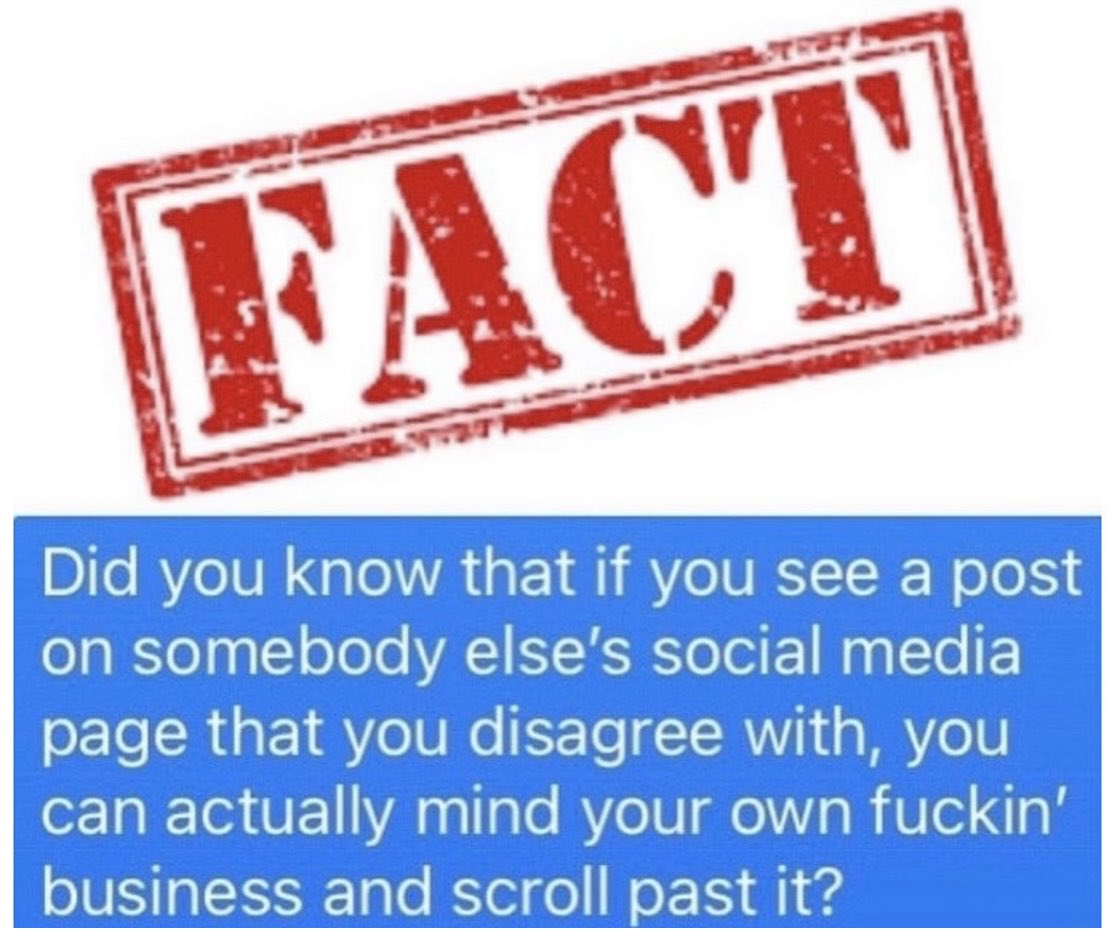 👀🗣️❗️FACT! Did you know that if you see a post on somebody else’s social media page that you disagree with, you can actually mind your own fuckin’ business and scroll past it? Here’s more info: