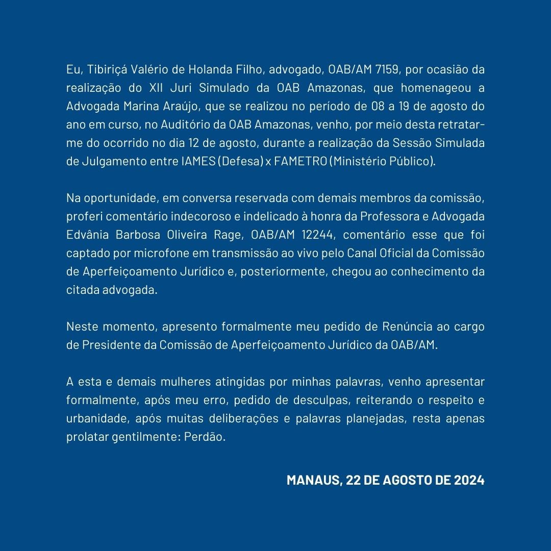 OAB_Amazonas's tweet photo. A Ordem dos Advogados do Brasil, Seccional Amazonas, vem a público manifestar-se acerca do fato ocorrido no  XII do Júri Simulado. Em observância ao princípio da transparência, cabe informar. https://t.co/mnk4yfTT8Z