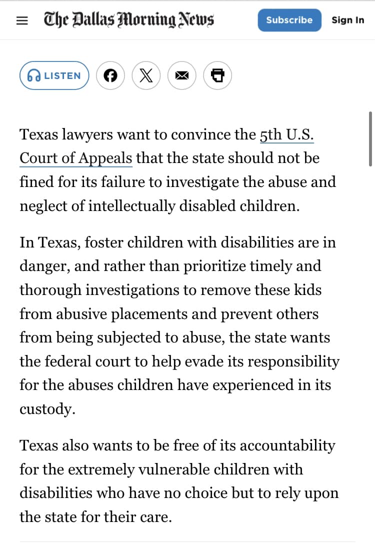 fragilechildTX's tweet photo. #Texas wants to be free of accountability for extremely vulnerable children w disabilities who have no choice but to rely upon the state for their care. Foster children with disabilities deserve safe homes. https://t.co/IhkdXkAtgf
#protectTXfragilekids #fixthismess #txlege https://t.co/lRRL1nIDnj