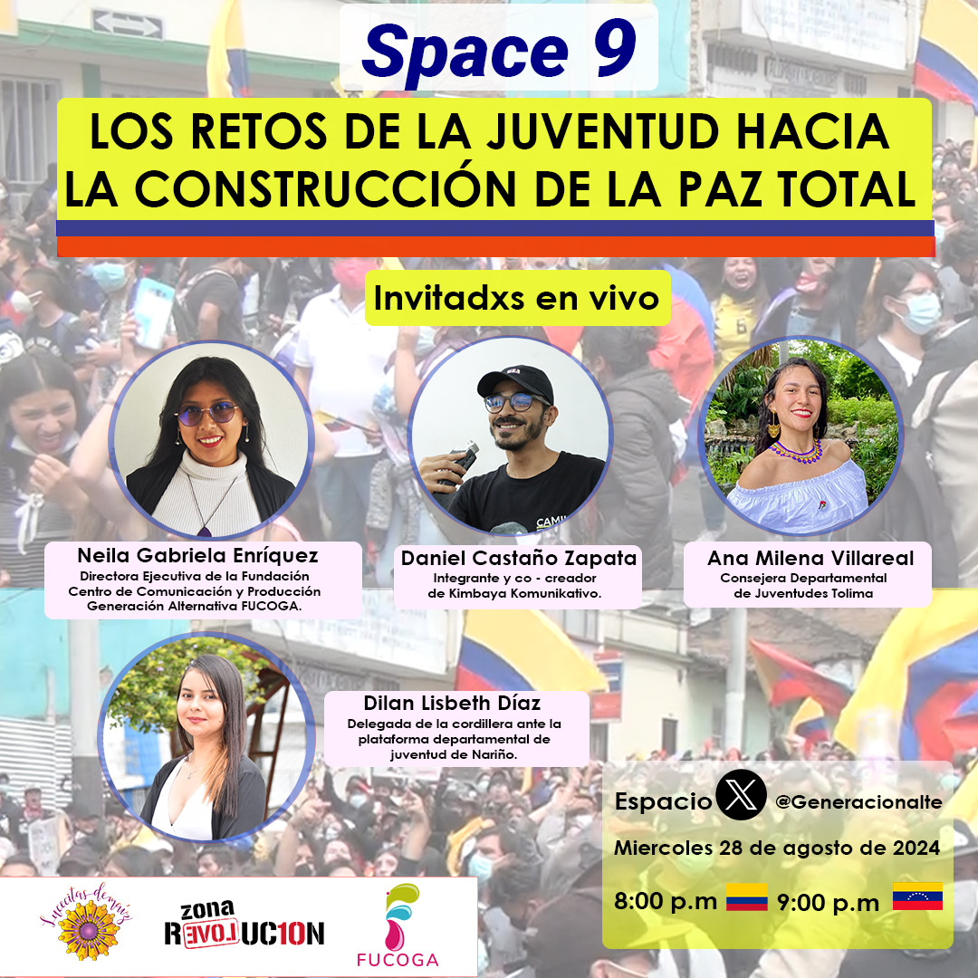 Les invitamos a escuchar el space número 9 en el cual jóvenes de distintos territorios nos compartirán sus opiniones alrededor de los retos frente a la paz total. Con @eternalgreen94,
<a href="/diazlisbeth471/">Lisbeth Diaz</a>, <a href="/NGabriela97/">NG</a> Gabriela Enríquez