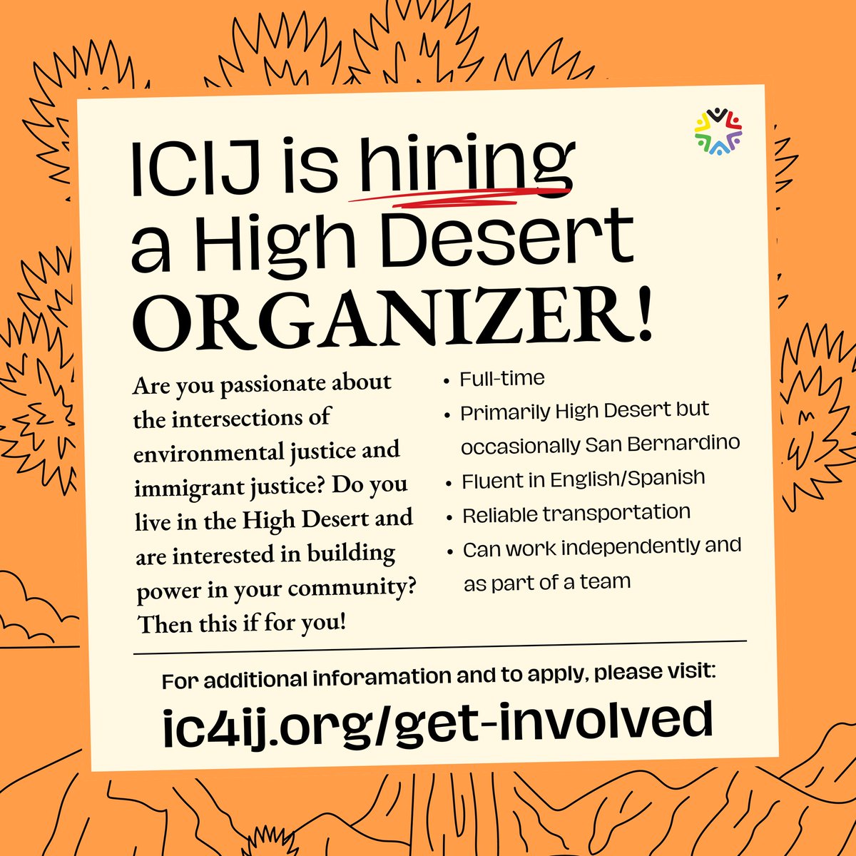 ICIJ is HIRING A High Desert Organizer ❗️🌵❤️‍🔥 If you’re passionate about the intersections of environmental justice and immigrant justice, live in the High Desert, and are interested in building power in your community, this is for you!

🔗 ic4ij.org/get-involved for details
