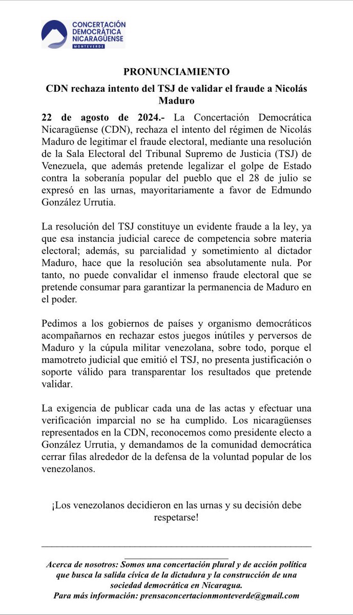 La CDN rechaza el intento de Nicolás Maduro de legalizar el fraude electoral del #28DeJulio con una sentencia del <a href="/TSJ_Venezuela/">TSJ Venezuela</a> Los venezolanos se expresaron en las urnas y su decisión debe respetarse <a href="/VenteVenezuela/">Vente Venezuela</a> <a href="/MariaCorinaYA/">María Corina Machado</a> <a href="/EdmundoGU/">Edmundo González</a>