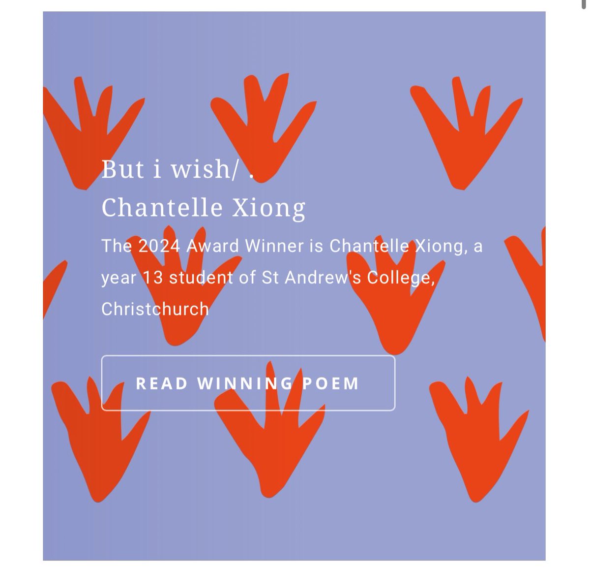 Congratulations to this year’s National Schools Poetry Award winner, Chantelle Xiong, and to all the finalists. Read their poems and Joan Fleming’s judge’s report:

schoolspoetryaward.co.nz

#nzpoetryday