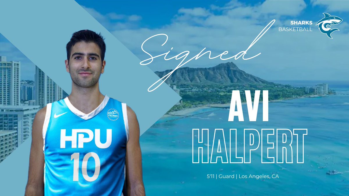 HPU_MBB's tweet photo. 𝙎𝙞𝙜𝙣𝙚𝙙. ✍️

All-Conference guard Avi Halpert is joining the ‘Ohana! 

After completing his freshman year at Moorpark College in California, the guard has joined the Sharks with 3 years of eligibility remaining. Please help us welcome him to the squad! 

#TheSharkWay 🦈 https://t.co/J865INNQEL