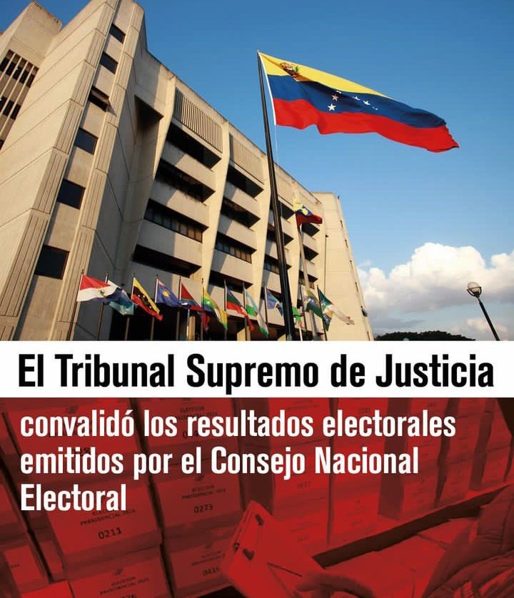 Este jueves, la Sala Electoral del <a href="/TSJ_Venezuela/">TSJ Venezuela</a> certificó los resultados de las elecciones presidenciales celebradas el pasado 28 de julio, ratificando a <a href="/NicolasMaduro/">Nicolás Maduro</a> como Presidente electo de la República Bolivariana de #Venezuela 🇻🇪.

#MaduroPresidente