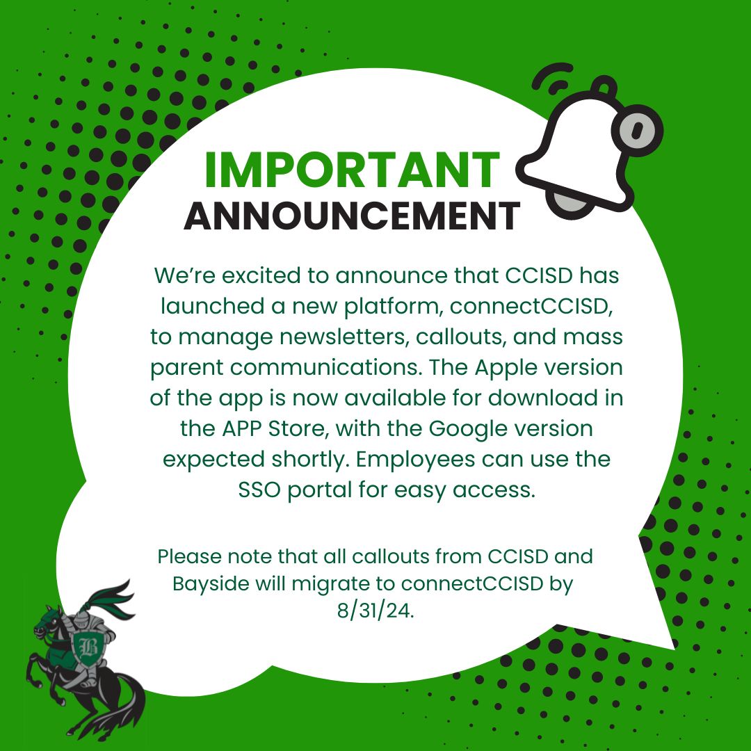 Calling all Knights! We have a new communication platform that we will be using to share weekly communication because Skylert is going away for us by 8/31/24. To make sure you keep up with all of the weekly emails and calls be sure to download connectCCISD-apps.apple.com/us/developer/p…