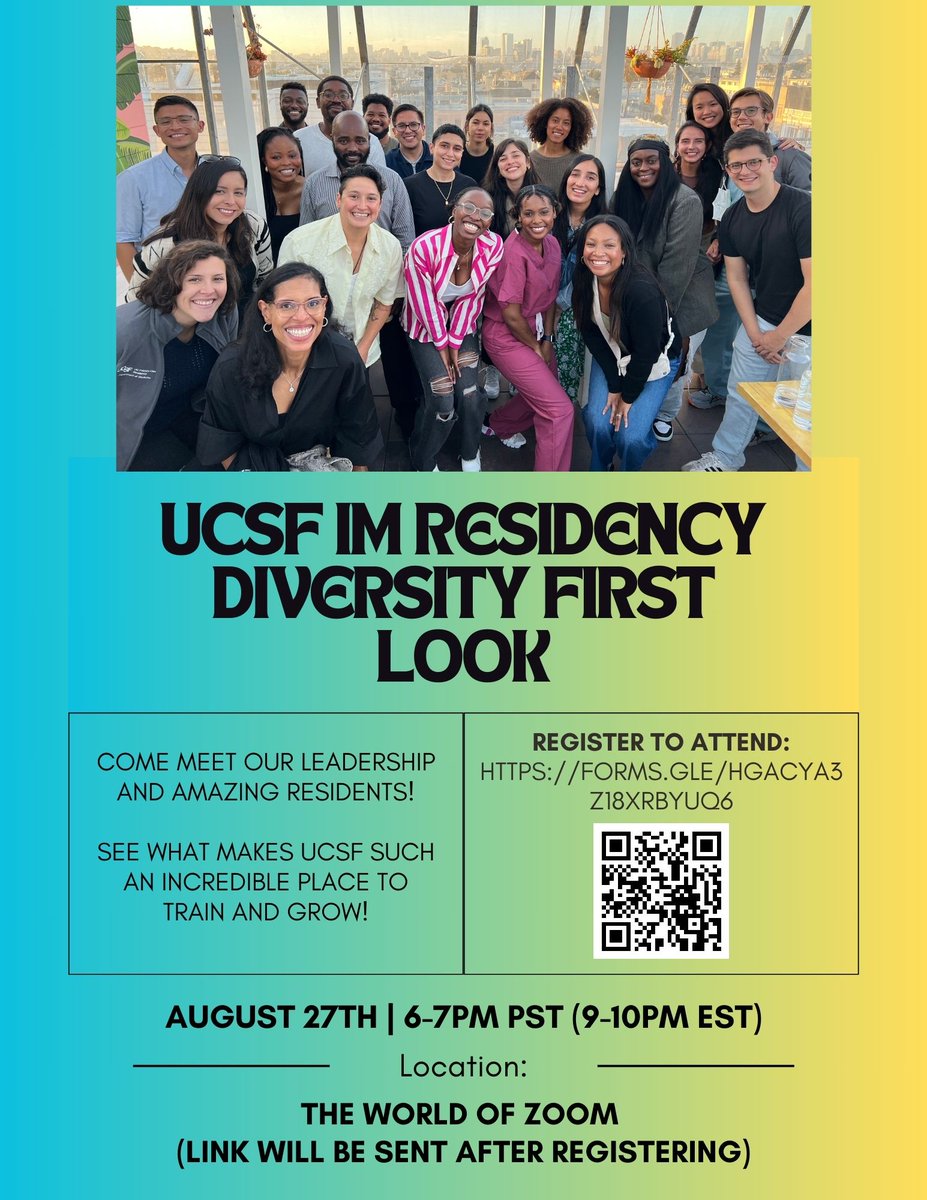 📣 Calling all MS4s applying in IM! You’re invited to join our UCSF IM Residency Diversity First Look event! 

Our faculty and resident leaders can’t wait to share with you our program’s actions and commitment towards advancing DEI and Anti-Racism in medicine. Come thru!
