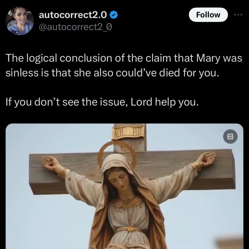 catholicpat's tweet photo. Most Christians dont know how Christ’s sacrifice worked

Sad.

It’s pretty simple

When Adam sinned, he owed an infinite debt to God

God could have forgiven him immediately, but in His Justice, He wanted the debt to be paid

He could not pay that debt

But the debt could be paid by someone who can both

1) Infinitely merit
2) Represent Adam

The Incarnation was fitting because:

1) Only God can infinitely merit
2) Only a Man can represent Adam

Only Jesus Christ fits both of these criteria

Mary can’t infinitely merit, so she can’t be the sacrifice