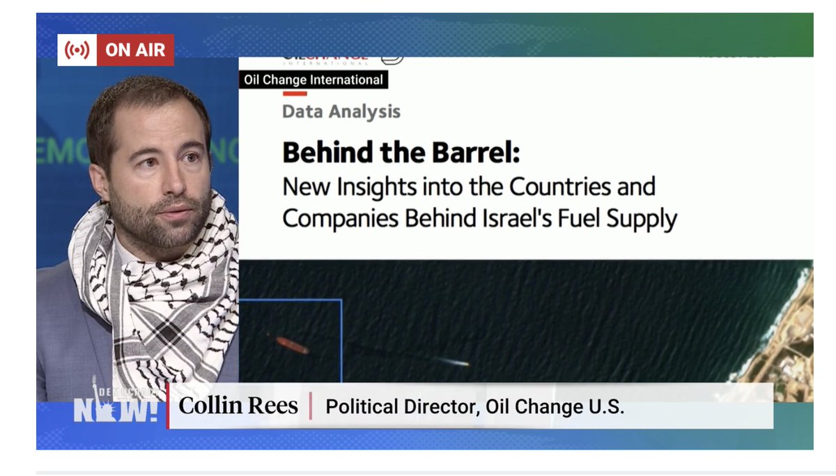 1/US Campaign Manager <a href="/collinrees/">Collin Rees</a> on <a href="/democracynow/">Democracy Now!</a> today to discuss our latest report: Behind the Barrel: New Insights into the Countries and Companies Behind Israel’s Fuel Supply. 

Key findings in this 🧵👇

Read the report: priceofoil.org/2024/08/19/beh…
#ceasefire