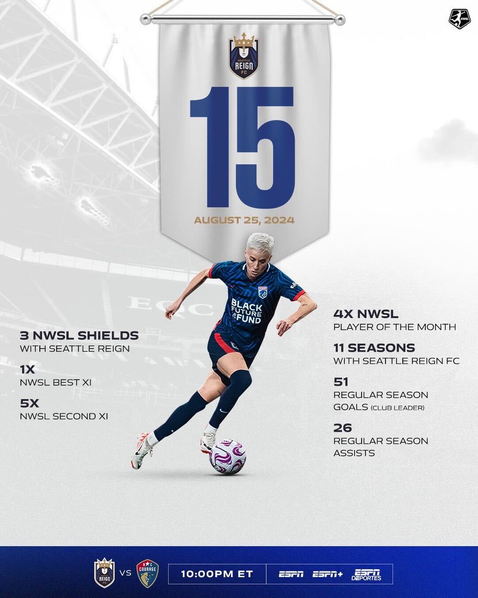 National Womenâs Soccer League (@nwsl) on Twitter photo Game changer.
Legend.
Icon.
<a href="/reignfc/">Seattle Reign FC</a> are retiring Megan Rapinoe's #15 this weekend at Lumen Field. Let us know what your favorite Rapinoe memory is đ Game changer.
Legend.
Icon.
<a href="/reignfc/">Seattle Reign FC</a> are retiring Megan Rapinoe's #15 this weekend at Lumen Field. Let us know what your favorite Rapinoe memory is đ