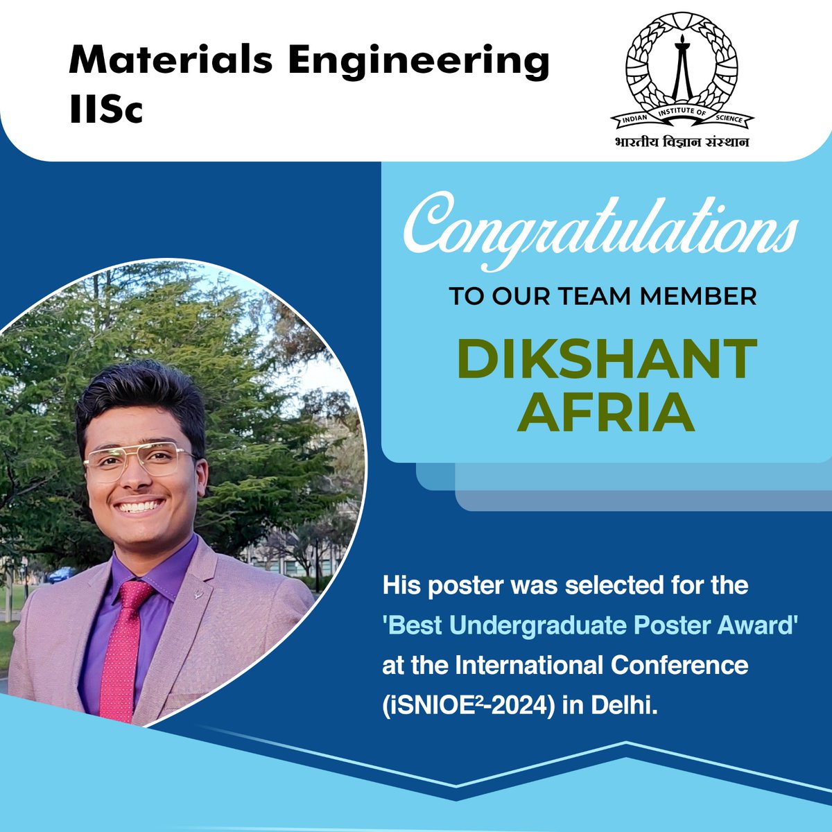 Rondiya Group (@rondiyagroup) on Twitter photo Our group congratulates Dikshant for winning first prize in the UG category for his poster presentation at an international conference. Congratulations, Dikshant! We wish you continued success in all your future endeavors.
<a href="/DRondiya/">Sachin R. Rondiya</a> <a href="/iiscbangalore/">IISc Bangalore</a> <a href="/iiscmte/">Materials Engineering IISc</a> Our group congratulates Dikshant for winning first prize in the UG category for his poster presentation at an international conference. Congratulations, Dikshant! We wish you continued success in all your future endeavors.
<a href="/DRondiya/">Sachin R. Rondiya</a> <a href="/iiscbangalore/">IISc Bangalore</a> <a href="/iiscmte/">Materials Engineering IISc</a>