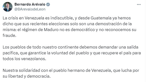 VPITV's tweet photo. #AHORA | Bernardo Arévalo, presidente de #Guatemala, reiteró este #22Ago que el “régimen de Maduro no es democrático y no reconocemos su fraude”. 

“Los pueblos de todo nuestro continente debemos demandar una salida pacífica, que garantice la voluntad del pueblo y que recupere el país para todos los venezolanos”, expresó el mandatario en la red social X. 

https://t.co/OG0uA5UyTk