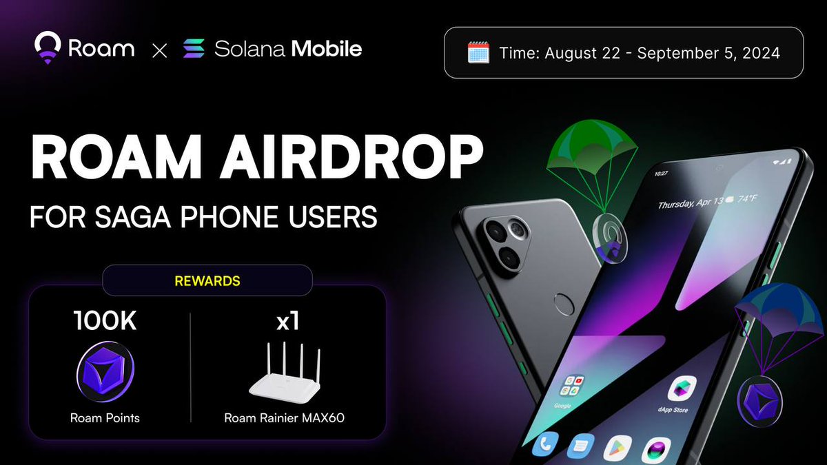 Starting NOW! MASSIVE Airdrop for ALL <a href="/solanamobile/">Seeker | Solana Mobile</a> owners

From August 22 to September 5, 2024, Saga Genesis Token holders are in for a treat. A total of 100,000 Roam Points will be airdropped, with 500 points awarded to each of 200 lucky users. These Roam Points can soon be