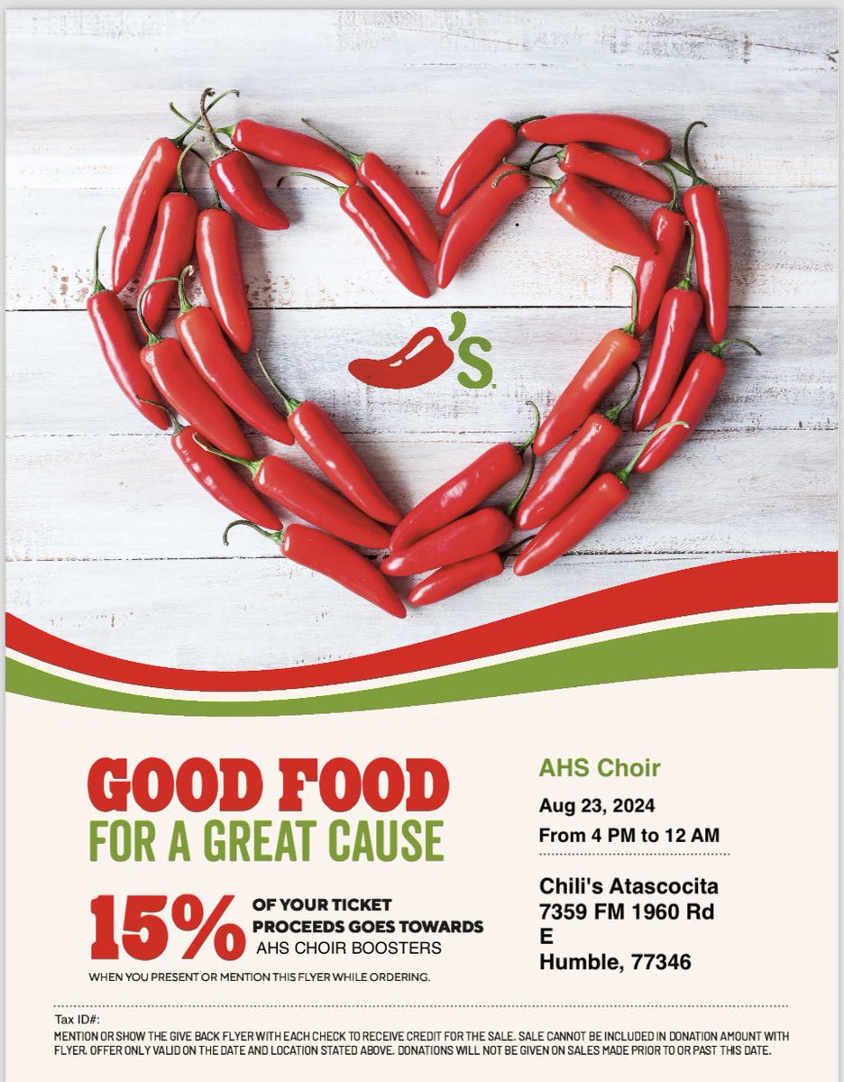 AHS Choir Spirit night at Chili’s tomorrow! Hope to see you there! Make sure to mention AHS Choir when you order! We appreciate your support! <a href="/HumbleISD_AHS/">The Atascocita HS</a>  <a href="/WLMSChoir/">West Lake Middle School Choir</a> <a href="/tigerchoirs/">AMS_TigerChoirs</a> <a href="/HumbleISD/">Humble ISD</a> <a href="/ahs_avp/">AHS AVP</a>