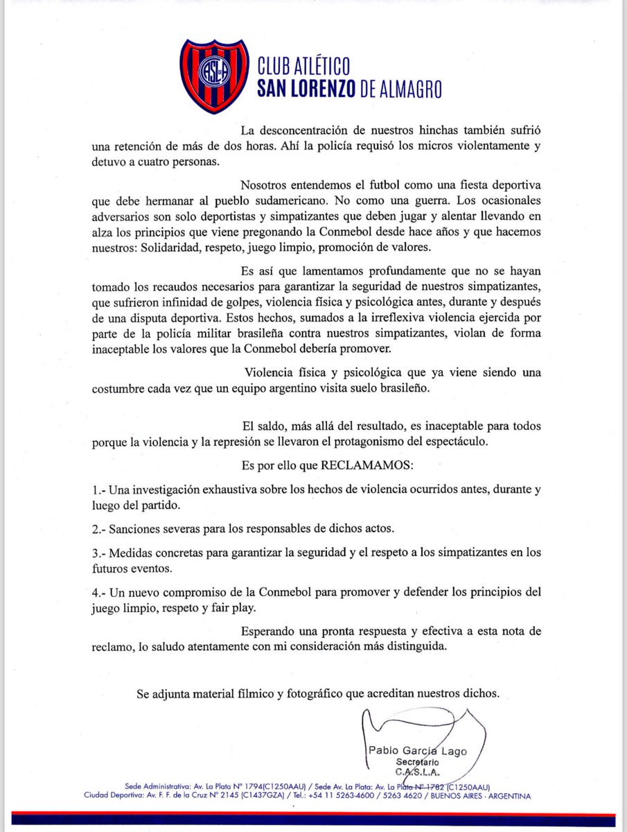 GarciaLagoPabl1's tweet photo. En el día de hoy se ha presentado un reclamo en  Conmebol ante los lamentables y repudiables hechos ocurridos en el partido ante Atlético Mineiro, contra nuestro club y nuestra parcialidad. https://t.co/KLucGMljgq