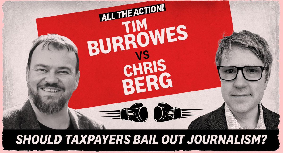 Media companies are struggling, but should taxpayers bail out journalism? 

In today’s Friday Fight, <a href="/UnmadeAU/">Unmade Media</a> owner <a href="/timburrowes/">Tim Burrowes - Unmade</a> argues yes:  crikey.com.au/2024/08/23/fri…

While professor of economics <a href="/chrisberg/">chris berg</a> argues no: crikey.com.au/2024/08/23/fri…