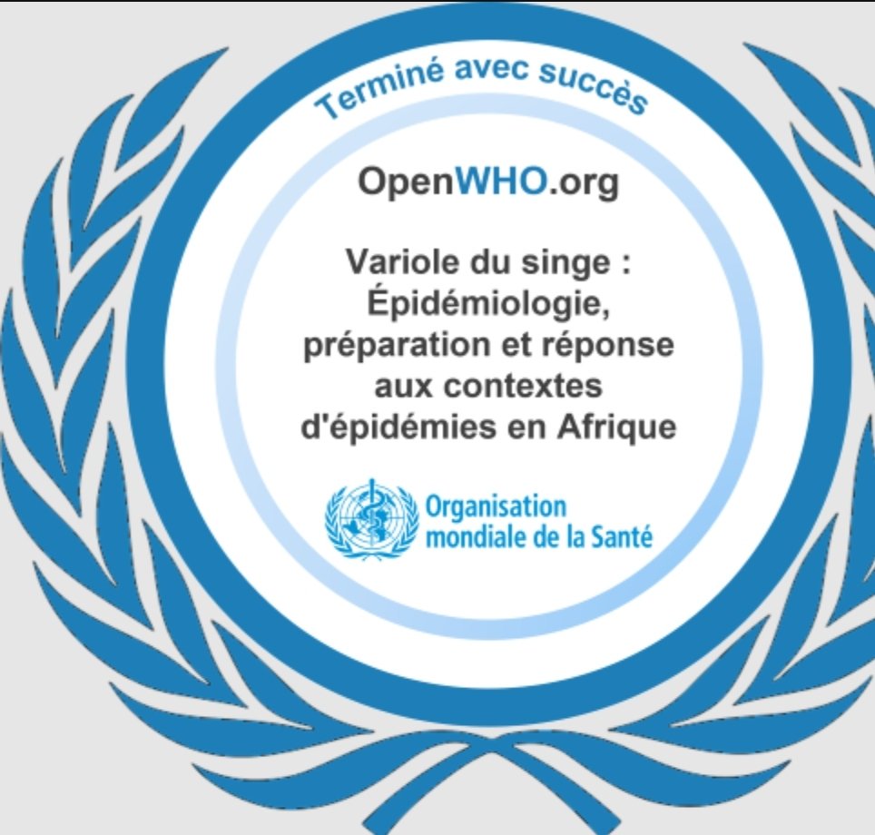 NMontandi's tweet photo. Bonjour cher(ère)s tous-tes!!
J'ai complété avec succès le cours Variole du singe : Épidémiologie, préparation et réponse aux contextes d'épidémies en Afrique sur #OpenWHO! https://t.co/LVRXjpHocj https://t.co/sxIAxQplwc