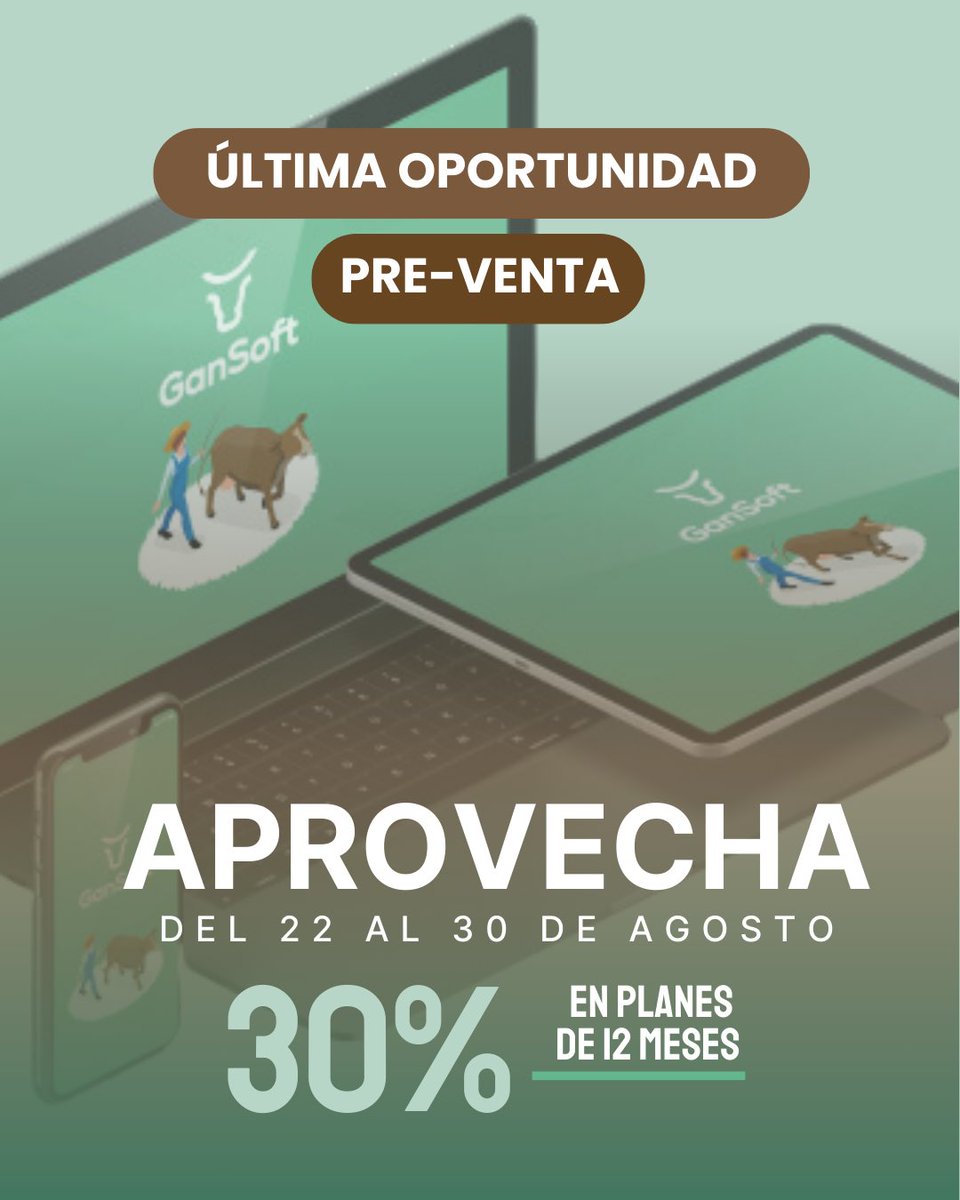 GanSoftLLC's tweet photo. 🚨 ¡Atención, ganaderos del futuro! 🚨
Gansoft, la solución digital multiplataforma para ti, te ofrece una oportunidad única: -30% de descuento en nuestros planes anuales. Solo del 22 al 30 de agosto, asegura tu acceso al futuro de la ganadería. https://t.co/tjDN1hqJVn