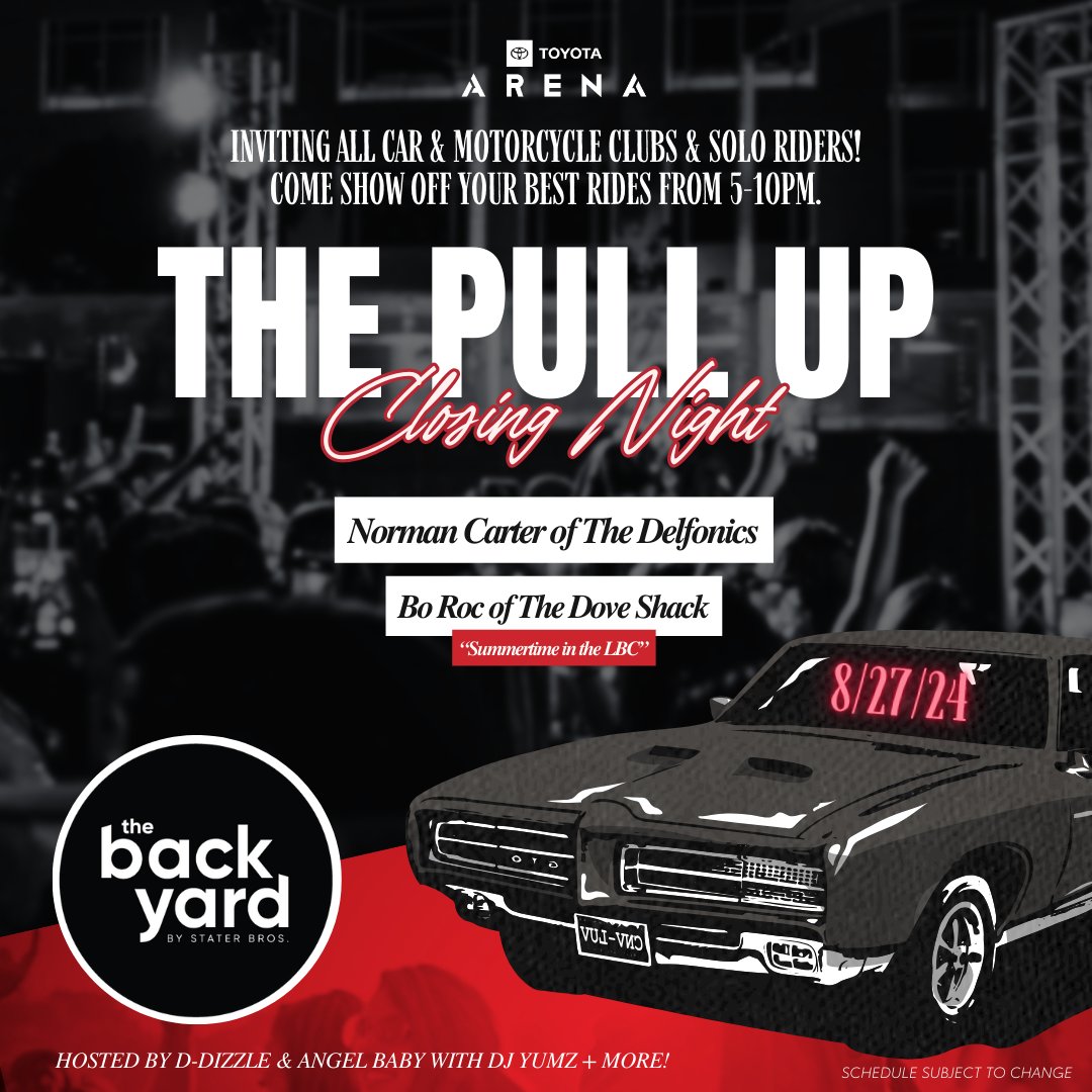 ToyotaArena's tweet photo. Calling all car & motorcycle lovers! 🔥 Come show off your best rides & close out our Summer Series at The Backyard by @StaterBrosMkts at #ThePullUp with #NormanCarter of The Delfonics & more! 🛞
🎟️ https://t.co/3eCOLrZ49x
*Roll in starts at 4pm, limited space available. https://t.co/XsK63gD7SM