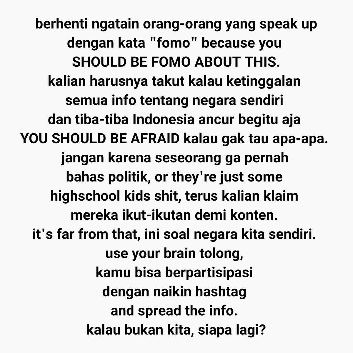 kalau bukan kita, siapa lagi?

BATALKAN BUKAN DITUNDA
#KawalPutusanMK 
#TolakPilkadaAkal2an 
#TolakPolitikDinasti 
#PeringatanDarurat 
#IndonesiaEmergencyDemocracy