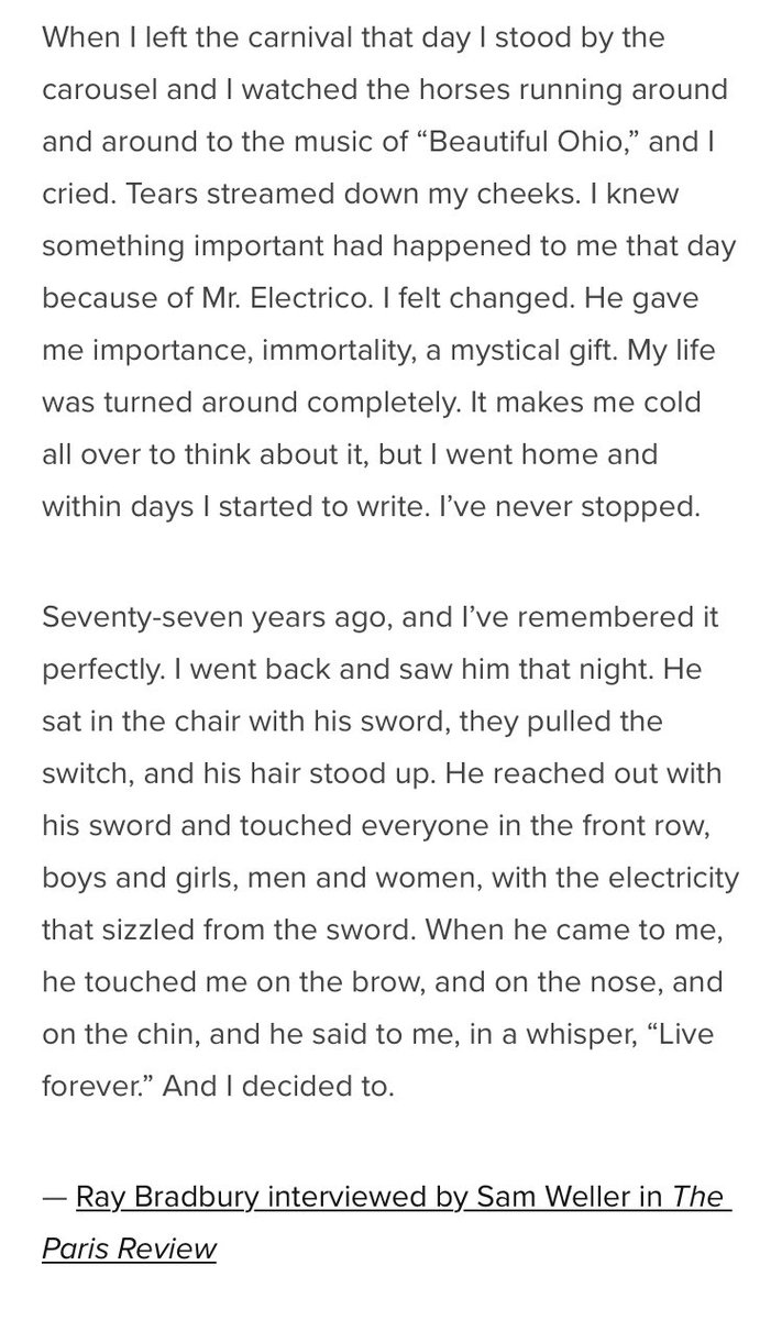 Sam Weller (@sam__weller) on Twitter photo If you read just one thing today, read this excerpt from my <a href="/parisreview/">The Paris Review</a> interview with #RayBradbury. Today is Bradbury’s birthday and this story has one of the best endings EVER. #inspiration If you read just one thing today, read this excerpt from my <a href="/parisreview/">The Paris Review</a> interview with #RayBradbury. Today is Bradbury’s birthday and this story has one of the best endings EVER. #inspiration