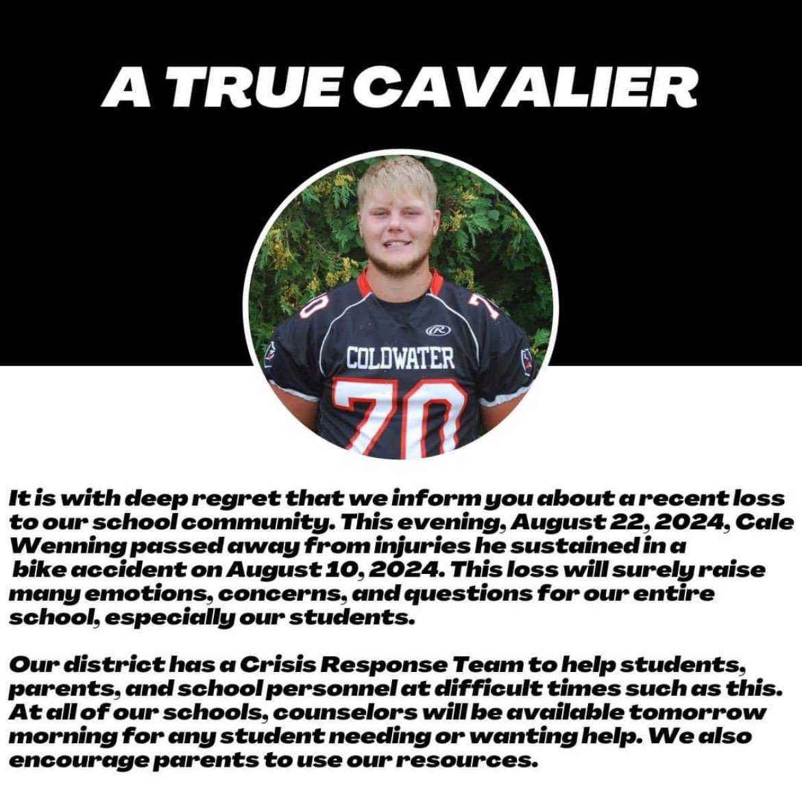 Please keep Cale's family and friends in your thoughts and prayers.