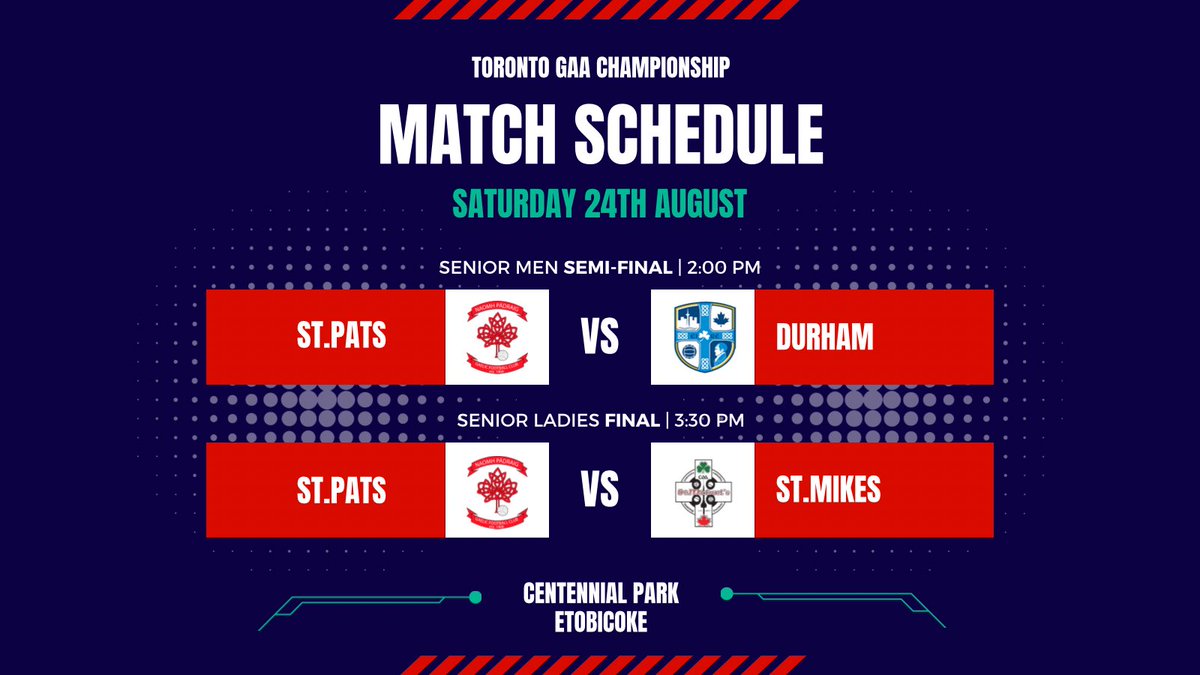 StPatsToronto's tweet photo. ๐ดโช๏ธ St.Pats Double Header ๐ดโช๏ธ
Semi-Final - St.Pats Men vs Durham | 2:00pm
Final - St.Pats Ladies vs St.Mikes | 3:30pm
All support greatly appreciated out in centennial on Saturday ๐ฅ
#gaa #lgfa #gaachampionship #torontogaa #canadagaa #irishintoronto #irishincanada https://t.co/cL8qsfOnxS