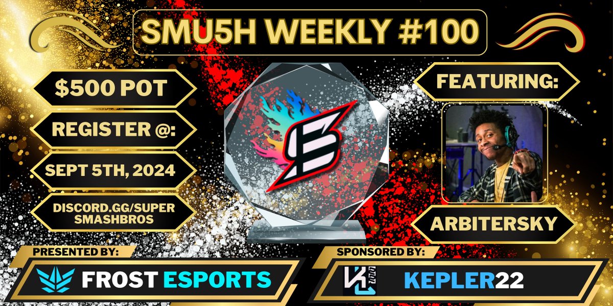 SmU5h's tweet photo. After 2 years, we finally reached the triple digit!

The Frost X SmU5h Weekly #100 milestone tournament with a 💰 $500 pot prize! 💰 

Presented by @FrostEsports & sponsored in part by @Sleon_5536 / Kepler22!

To top it off, WE'RE BRINGING @ArbiterSkyward BACK! SIGN UP BELOW: