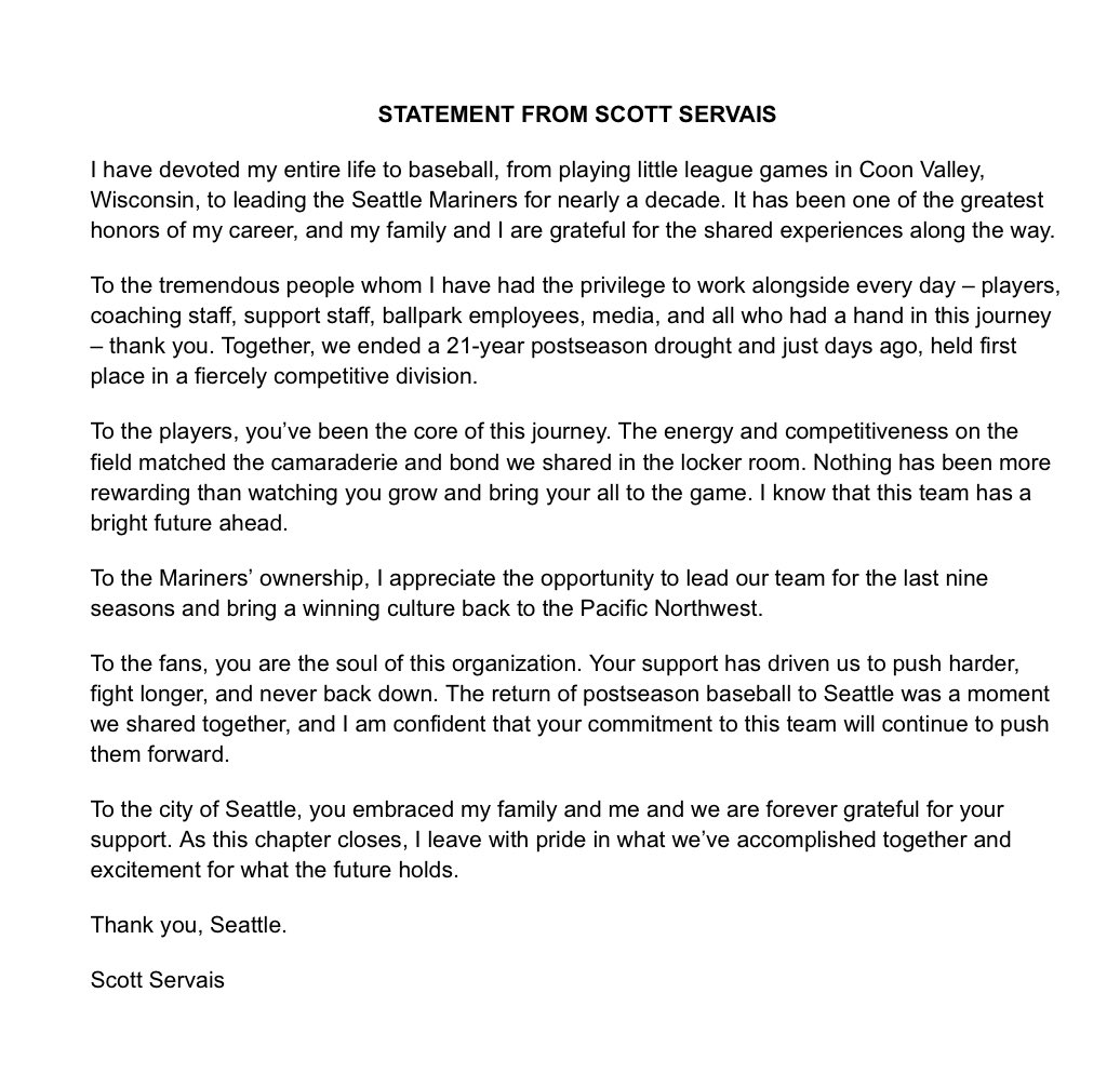 shannondrayer's tweet image. Statement from Scott Servais. Worth noting he and his wife just donated a scoreboard for that Little League field in Wisconsin. One of the few managers who chose to make his home in the area, Seattle has been very fortunate to have the Servais’ as members of the community.