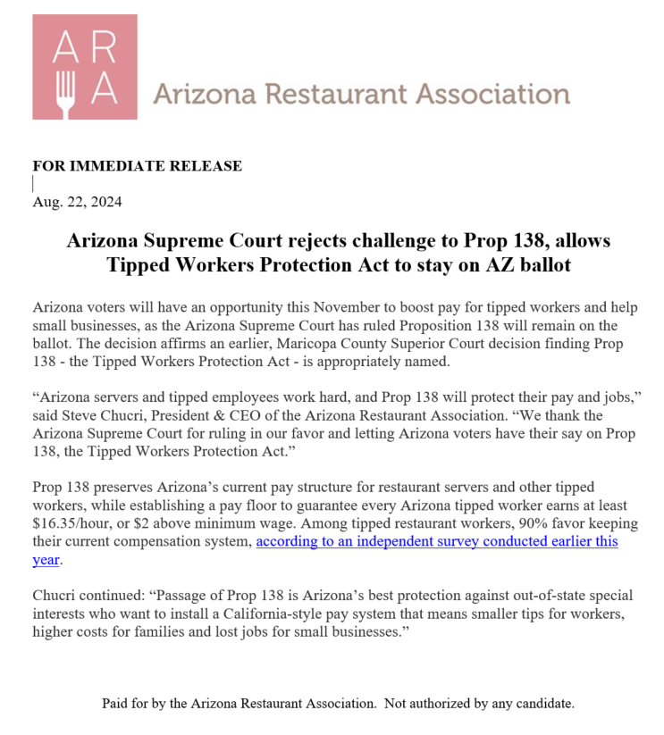 yesonprop138's tweet photo. BREAKING: Prop 138 is ON THE BALLOT. 

This is Arizona's chance to protect tipped workers, preserve jobs and save small businesses. 

Vote #YESon138

Learn more: https://t.co/VMof3CztcV https://t.co/uzno2XgWXm