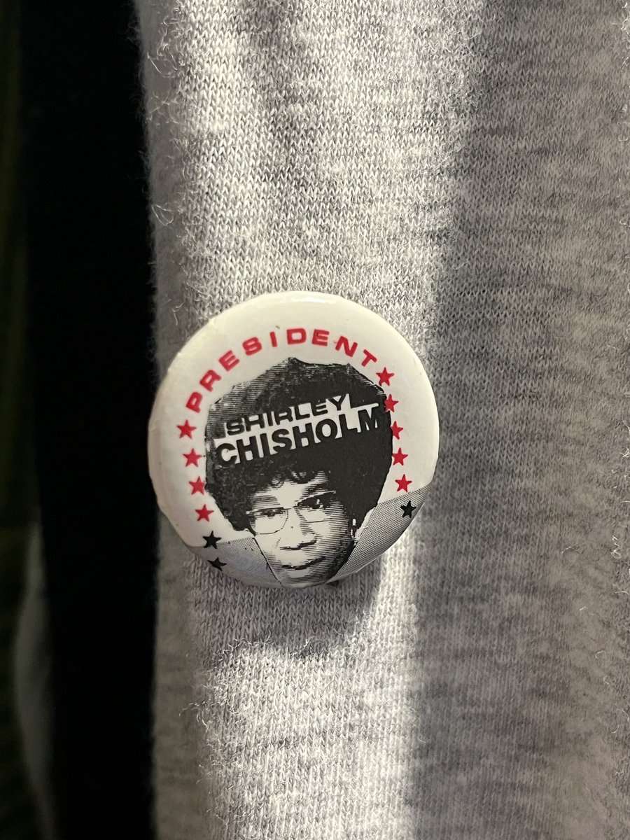 Proudly wearing my vintage Chisholm campaign button on this historic day! #ShirleyChisholm #Kamala4President2024 #MadamePresident #DNC2024CHICAGObabd 💙💙💙🇺🇸✅🗳️