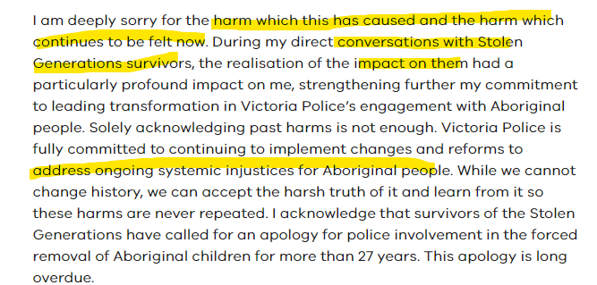 MichaelKBryden's tweet photo. @Anthonywodillon @BundooraBard Yeah, for example, the commissioner recognised VICPOLS role in the stolen generation and the 'ongoing systemic injustices'. Of course, this policy was tied to colonialism and a direct product.

See: ''Chief Commissioner's Apology to the Stolen Generations | Victoria Police'' https://t.co/oqbAAT8y2L