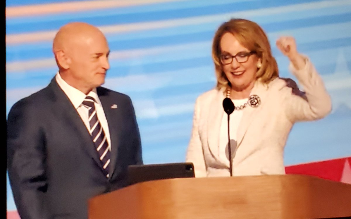 IndiraFeustel's tweet photo. .@Astro_Feustel and I couldn't be prouder of our dear friends, Sen. Mark Kelly & former Congresswoman Gabby Giffords. #STS134 family, #SpaceFamily #AviationFamily #GoNavy #HarrisWalz #DNC https://t.co/HCkkuECnp5