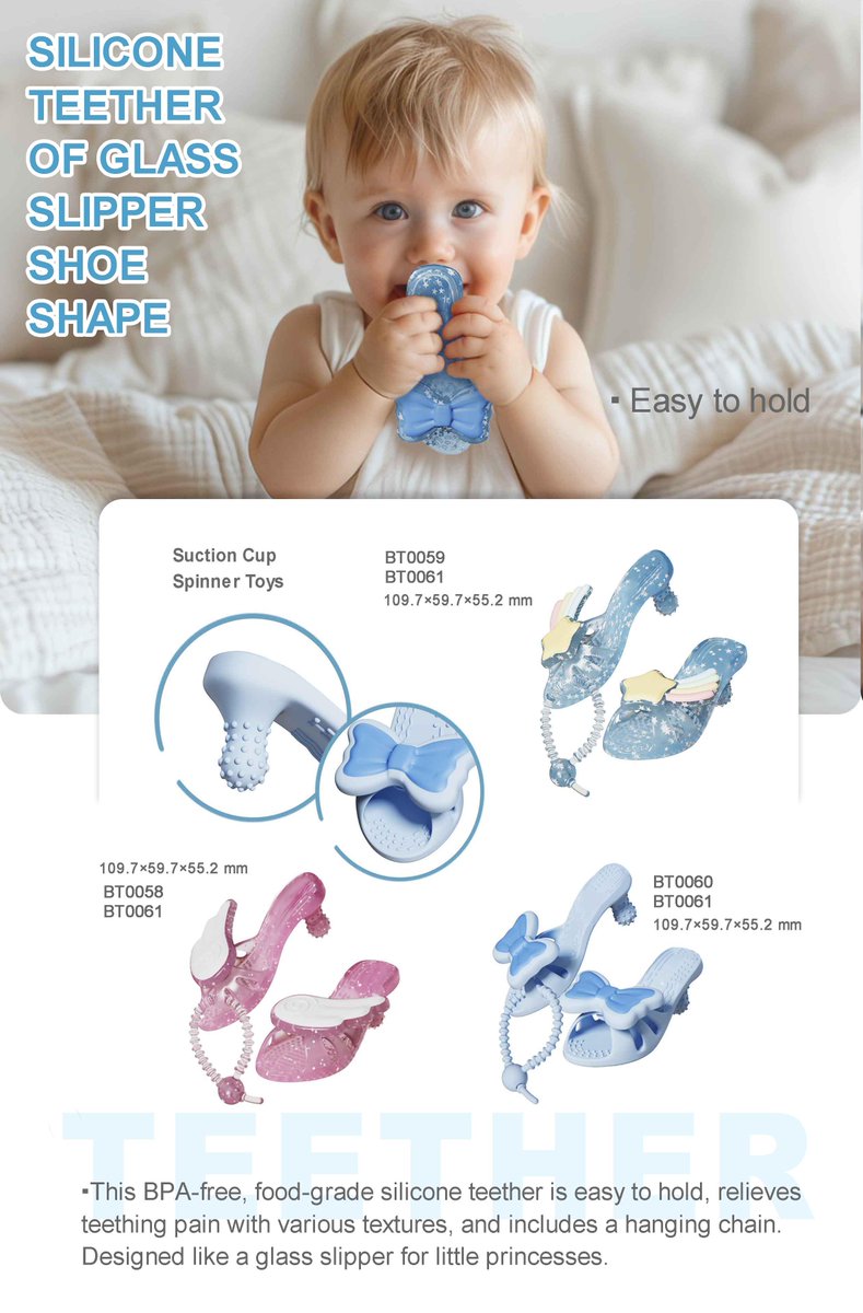 LindaLiu40415's tweet image. 👸✨ Glass Slipper Teethers for your little princess! 
🍼 Easy grip, BPA-free, food-grade silicone. Soothe teething pain with style. 
🌈 Perfect gift for the royal tot. 
Get yours at dag-silicone.com 
#SiliconeTeether #BabyPrincess #Factory