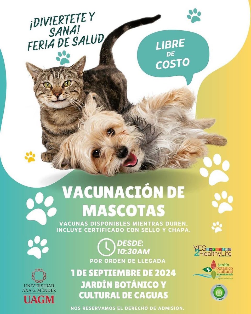 ¡Atención a todos los amantes de los animales! 🐾

Este 1 de septiembre de 2024, no te pierdas la Feria de Salud en el Jardín Botánico y Cultural de <a href="/caguasgovpr/">Municipio Autónomo de Caguas</a>. Trae a tus mascotas para recibir *vacunación gratuita* mientras disfrutas de un ambiente saludable y divertido.