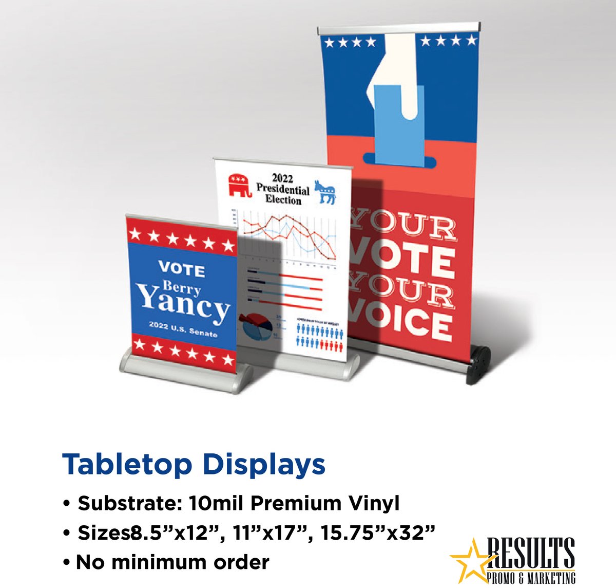 ResultsPromo's tweet photo. 📣 Make Your Voice Heard with Eye-Catching Tabletop Displays! 📣

Get your message across loud and clear with our premium vinyl tabletop displays! Perfect for political campaigns, events, or any promotion.  🇺🇸

✔️ Various sizes available ✔️ No minimum order ✔️  Order today. https://t.co/Md1nUmLh8L